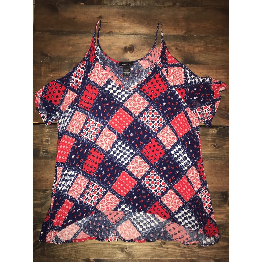 Red, white, and blue peep shoulder top